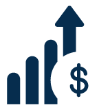 Icon of a bar graph with an upward arrow and dollar sign, representing financial growth or increasing profits.