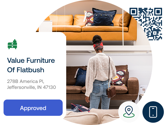 Woman browsing a furniture store with Snap Finance approval for “Value Furniture Of Flatbush” and a QR code displayed on screen.
