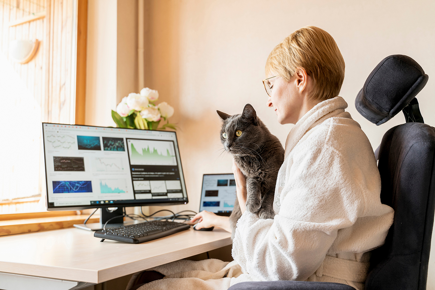 Person in white bathrobe works at desk, holding gray cat while viewing stock charts on wide monitor in sunlit home office.