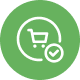 Shopping cart icon with a checkmark inside a green circle, symbolizing successful purchase or checkout.