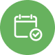 Calendar icon with a checkmark inside a green circle, symbolizing scheduling or event confirmation.