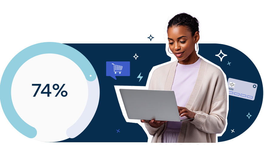 Woman using a laptop next to a circular graphic showing 74%, with icons of a shopping cart, chat bubble, and credit card.