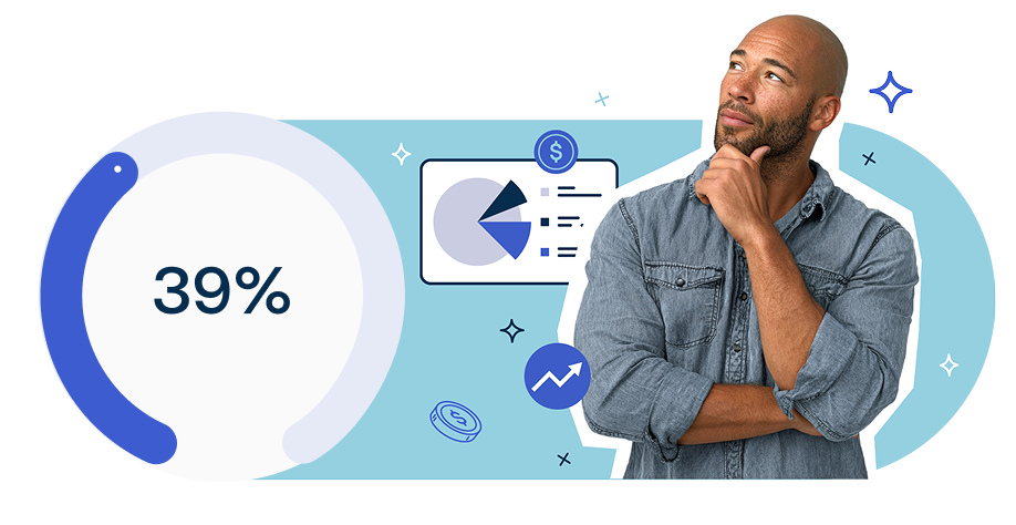 Man in denim shirt thinking beside a pie chart showing 39%, surrounded by icons of graphs and coins on a blue background.