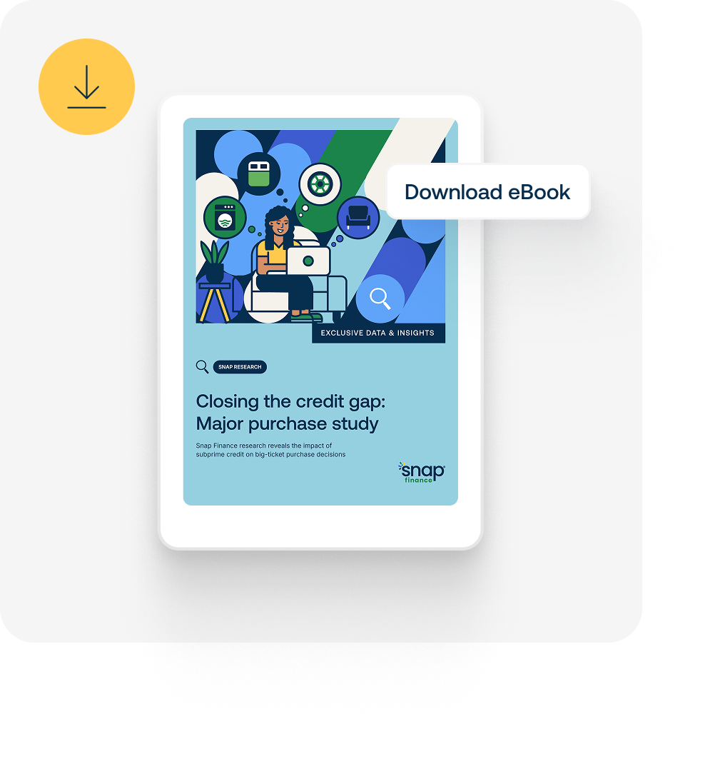 Tablet mock-up shows Snap Finance eBook cover titled “Closing the credit gap: Major purchase study” alongside a “Download eBook” label.