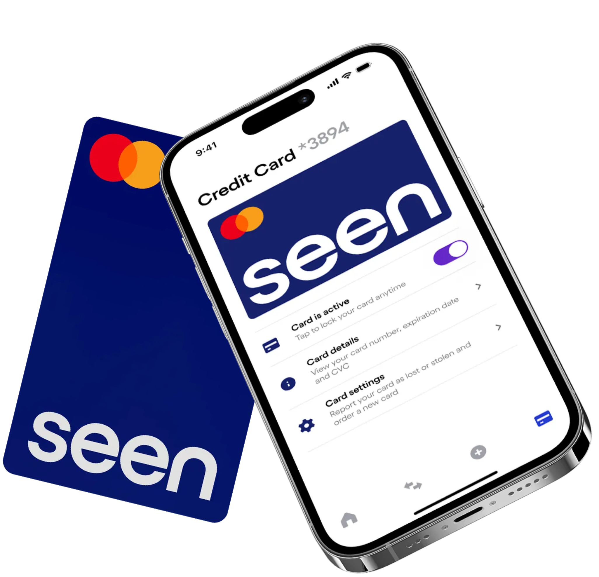 Phone displaying credit card management app with 'Seen' branding and a physical blue credit card in background