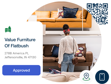 Woman browsing a furniture store with Snap Finance approval for “Value Furniture Of Flatbush” and a QR code displayed on screen.