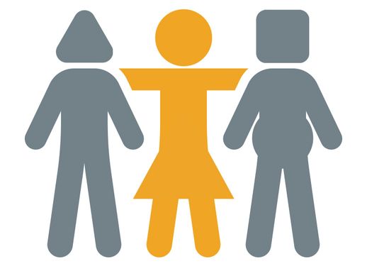 Simple human figures in a row, with one orange figure in the center, two gray figures on either side, a symbol for diversity.