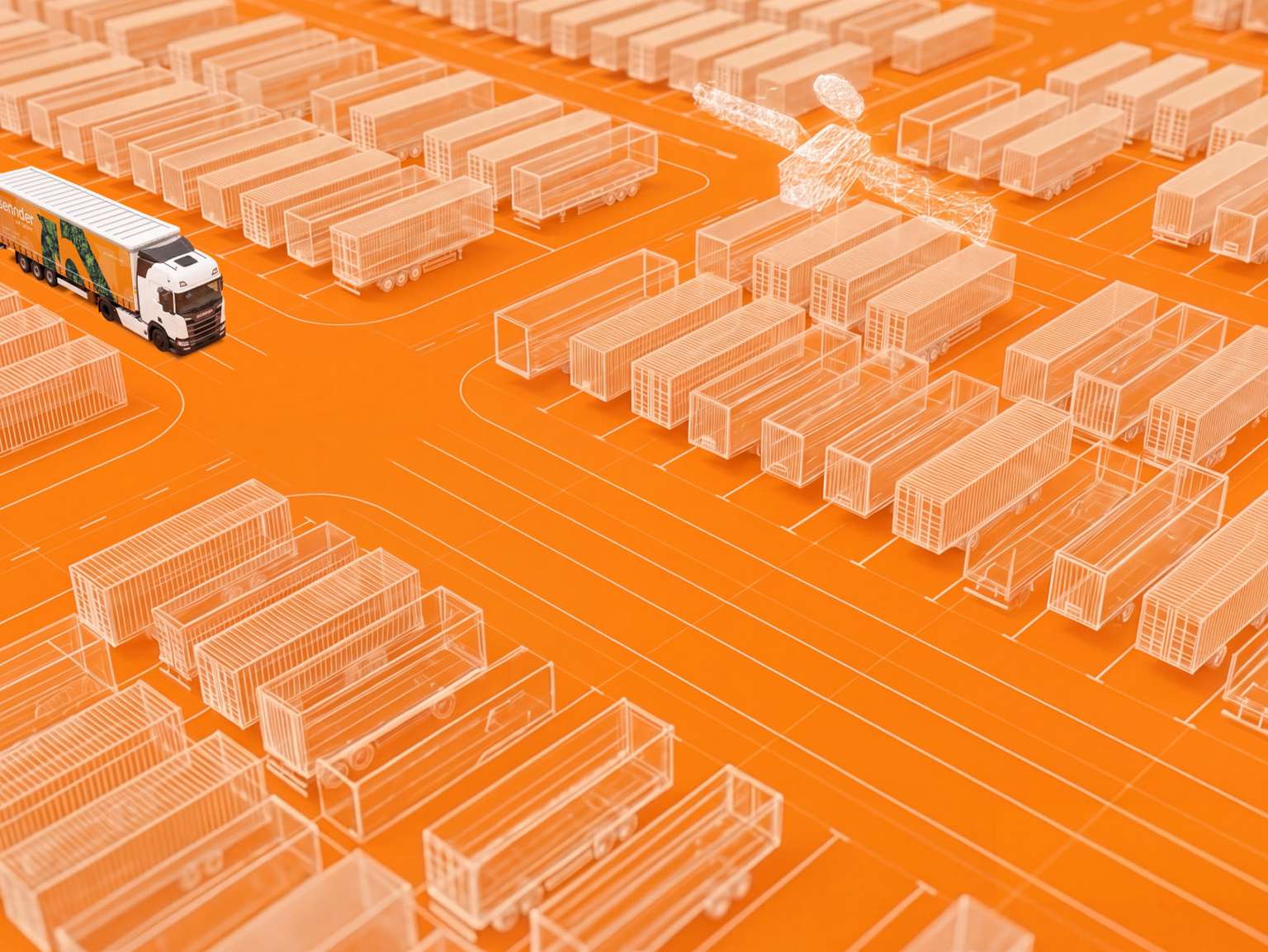Aerial view of a branded semi-truck navigating an orange digital logistics yard filled with wireframe cargo containers and trailers.