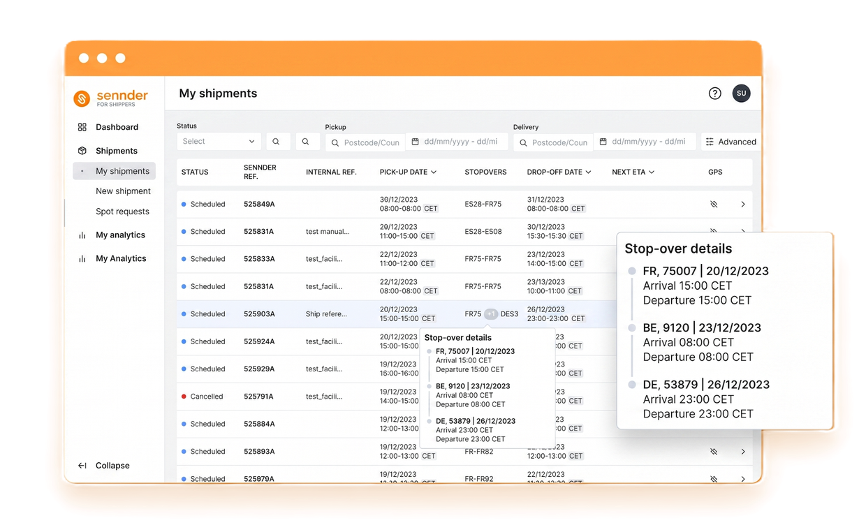 Sennder shipment management dashboard showing a list of scheduled shipments with stop-over details popup displaying arrival and departure times.