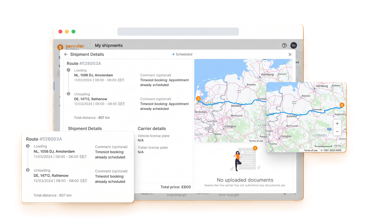 Sennder logistics platform showing shipment details for route Amsterdam to Rathenow, 607km, with map and carrier info