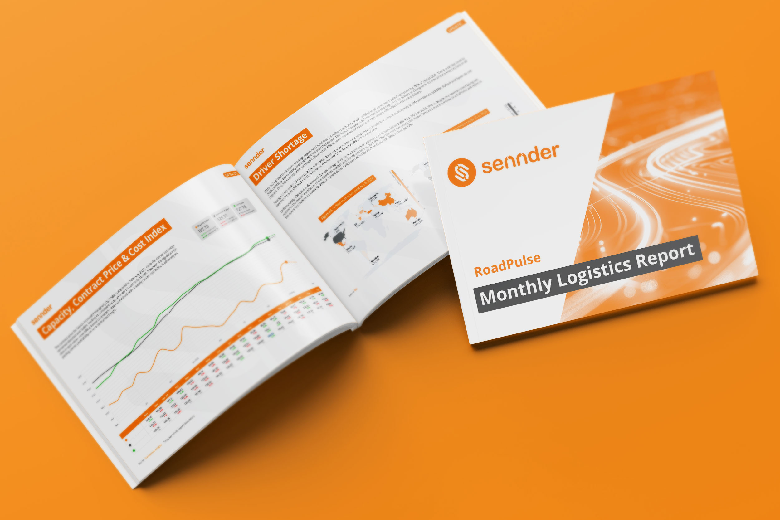 Open and closed copies of the "sennder RoadPulse Monthly Logistics Report" on an orange background, featuring graphs and text.