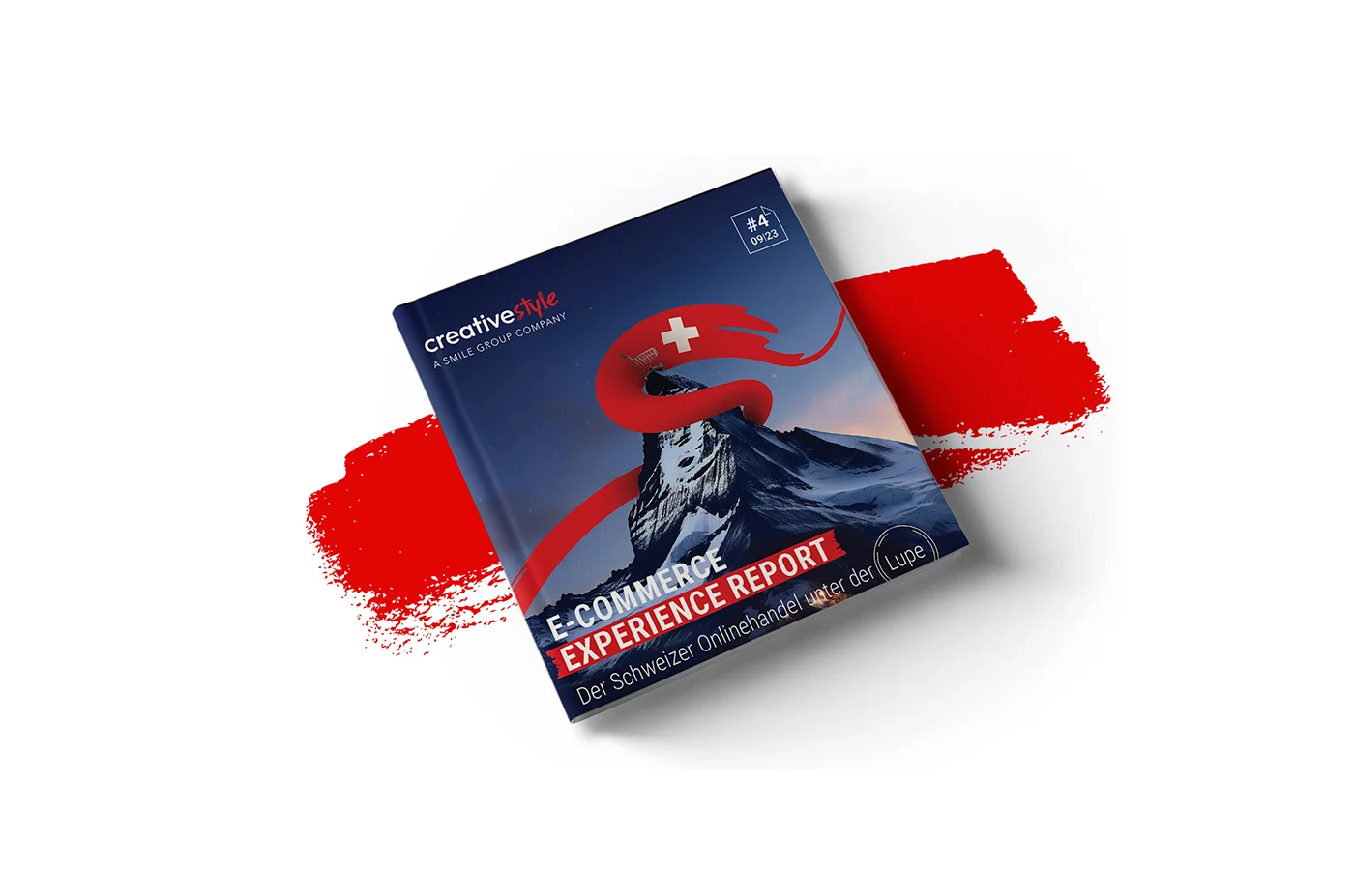 Cover of "E-Commerce Experience Report" featuring a mountain, Swiss flag, and red brushstroke. Text in German at the bottom.