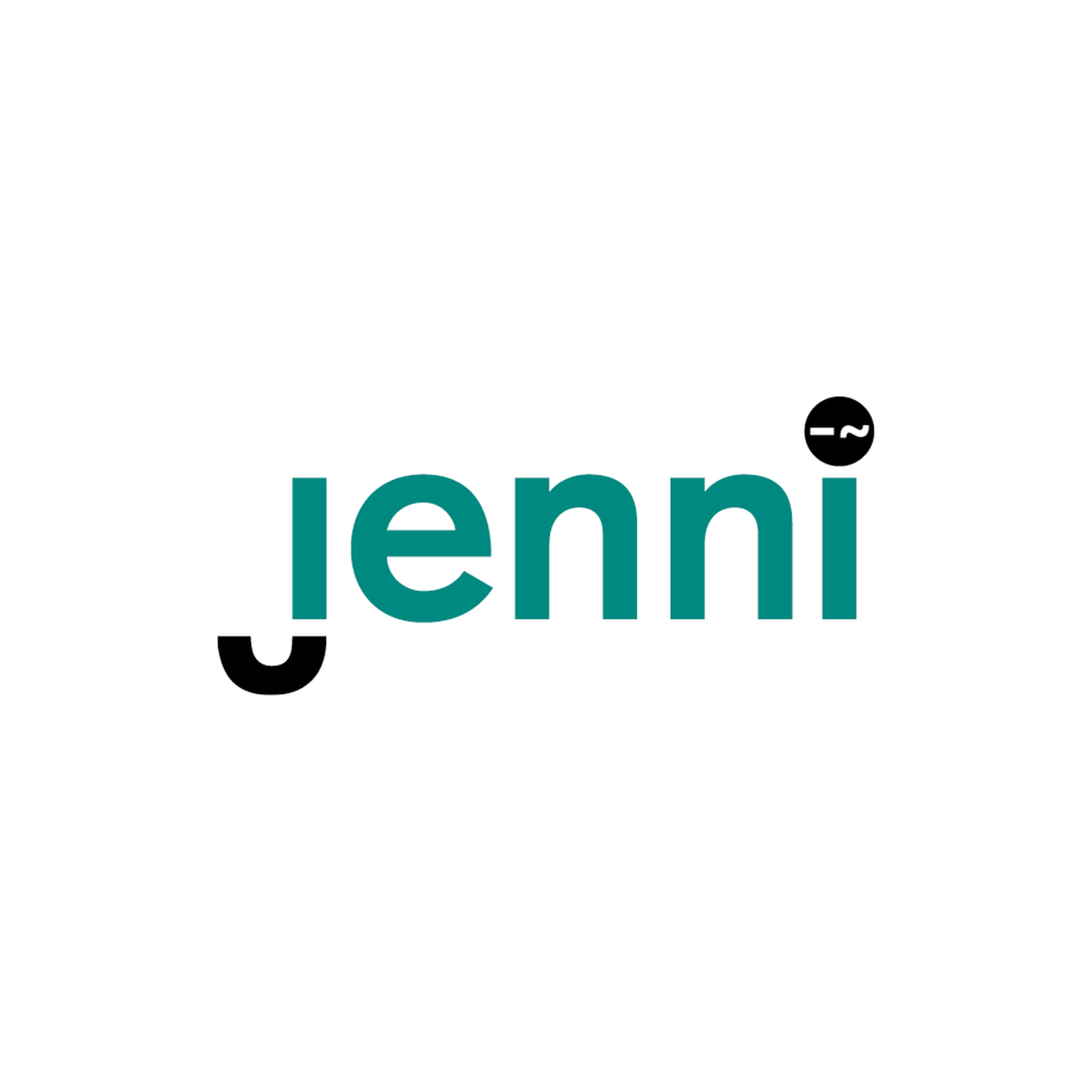 Das Bild zeigt das Wort "jenni" in blaugrünen Kleinbuchstaben mit einem schwarzen Punkt über dem "i", der ein weißes Minus und eine verschnörkelte Linie enthält.