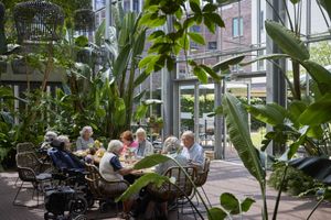 Een groep van negen ouderen zit aan een lange houten eettafel en rieten stoelen, in een zonnige ruimte met glazen dak, omgeven door grote tropische planten.