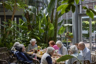 Een groep van negen ouderen zit aan een lange houten eettafel en rieten stoelen, in een zonnige ruimte met glazen dak, omgeven door grote tropische planten.