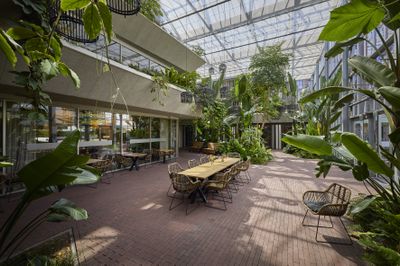 Zonovergoten ruimte met glazen dak, lange houten eettafel en rieten stoelen, omgeven door grote tropische planten.