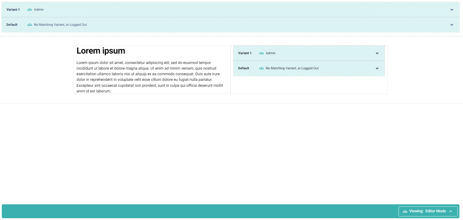 Screenshot of a user interface with a sidebar on the left and a main content area displaying 'Lorem ipsum' placeholder text. The interface includes dropdown menus titled 'Variant 1', 'Default', and 'Admin', and indicates 'Viewing: Editor Mode' at the bottom right corner.