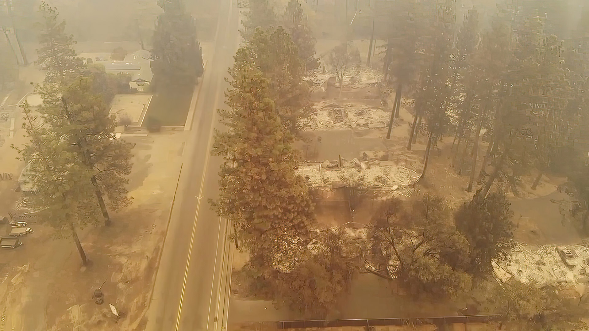 Aerial view of a smoke-covered landscape with burned trees and structures, showing the aftermath of a wildfire along a road.