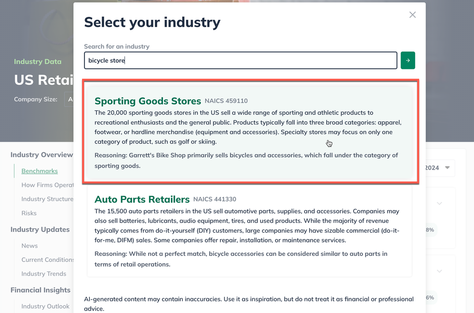 Image: industry search results with new industry selection highlighted