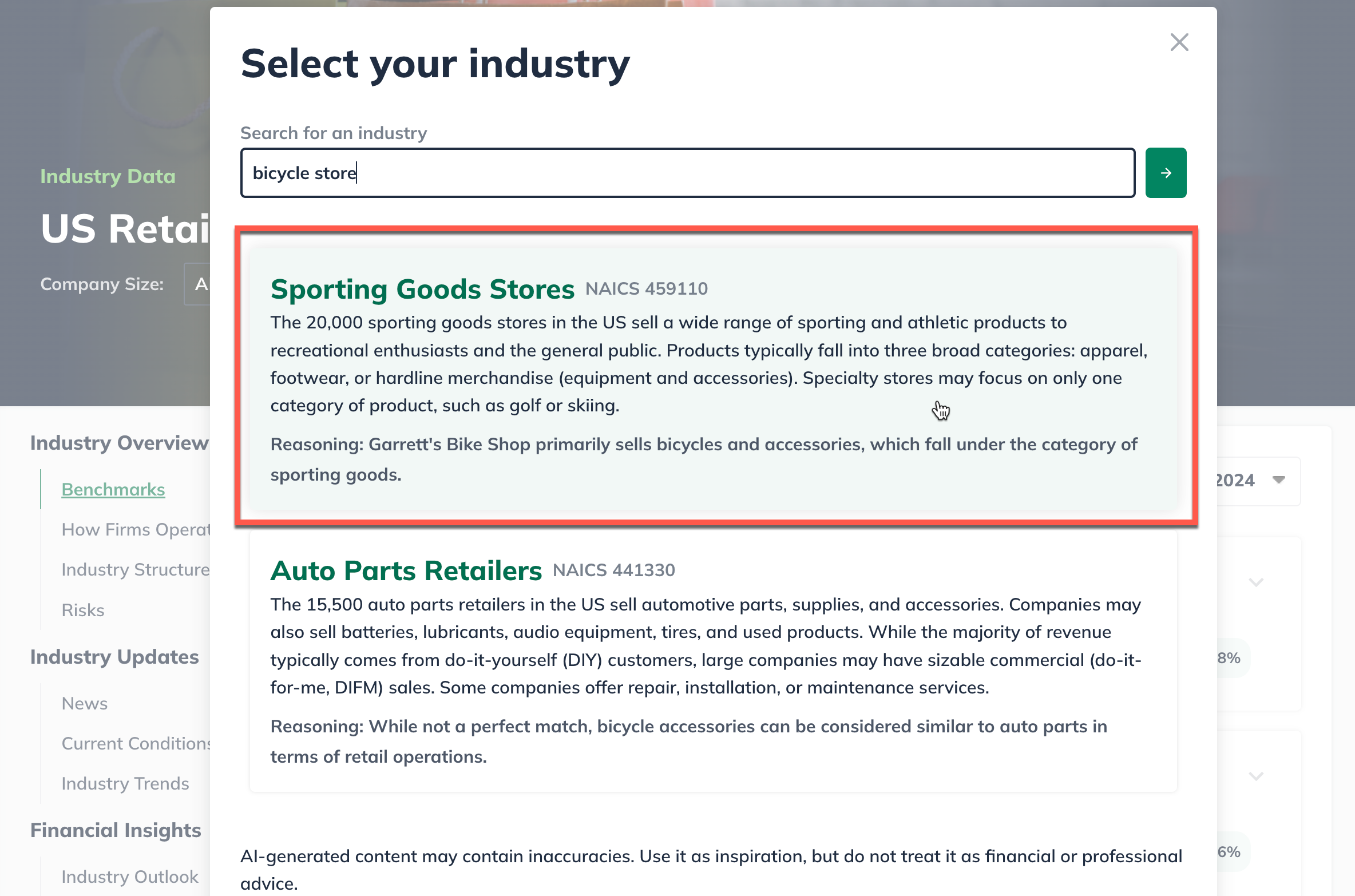 Image: industry search results with new industry selection highlighted