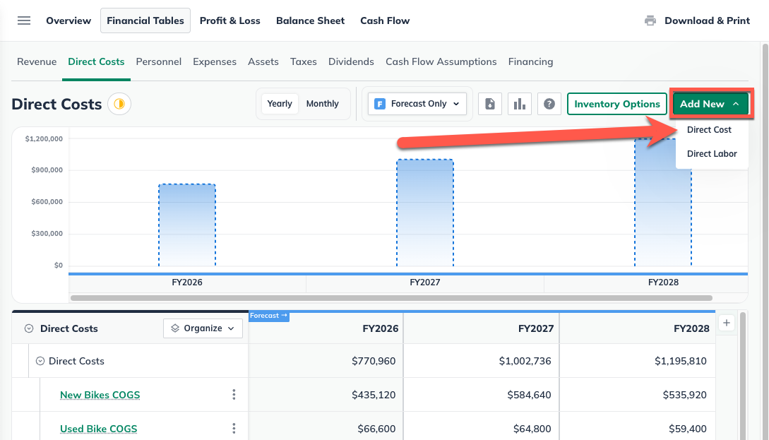 Image: add new direct cost