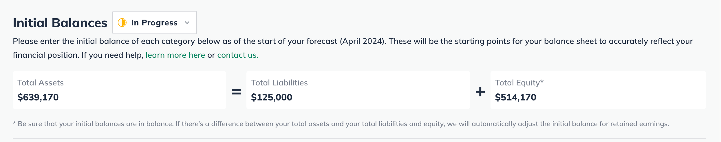 Image: initial balances page detail showing assets liabilities and equity