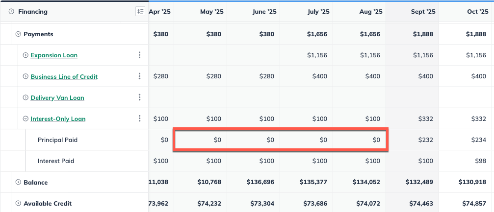 interest only payments on financing table