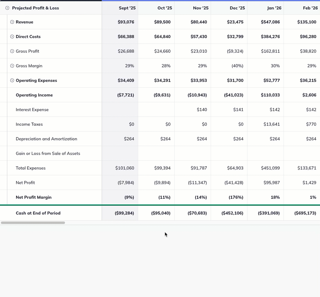 Expanding details in profit loss