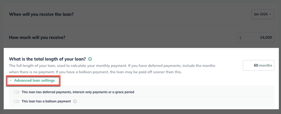 Financing Balloon Loan Advanced Settings