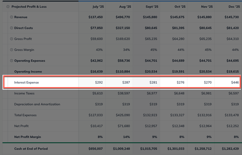 p&l interest expense highlighted