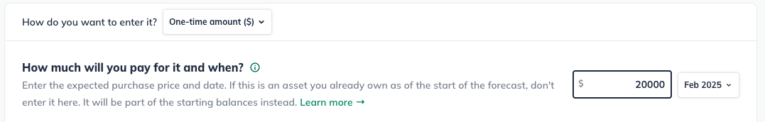 Asset one time amount