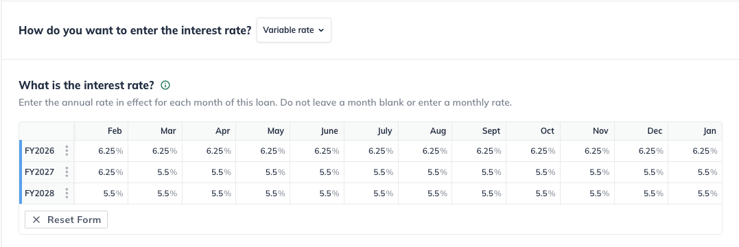Variable interest rate loan entry detail