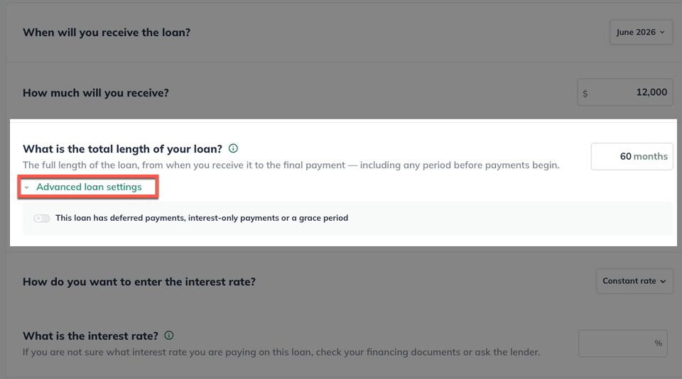 Expand Advanced Loan Settings