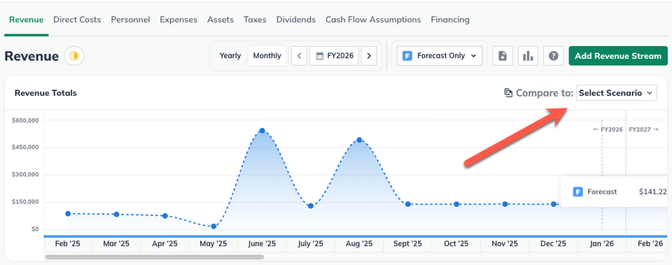 arrow pointing to scenario comparison dropdown
