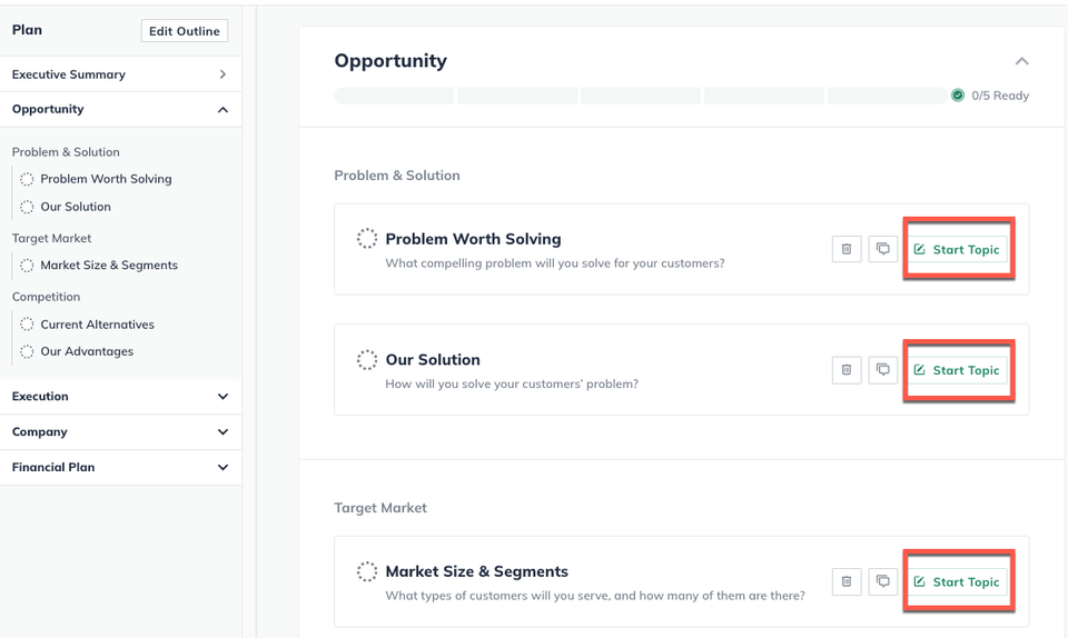plan section with start topic highlighted
