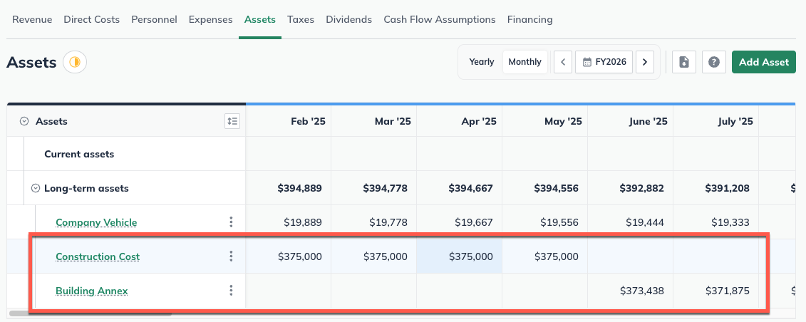 New Construction Asset Table