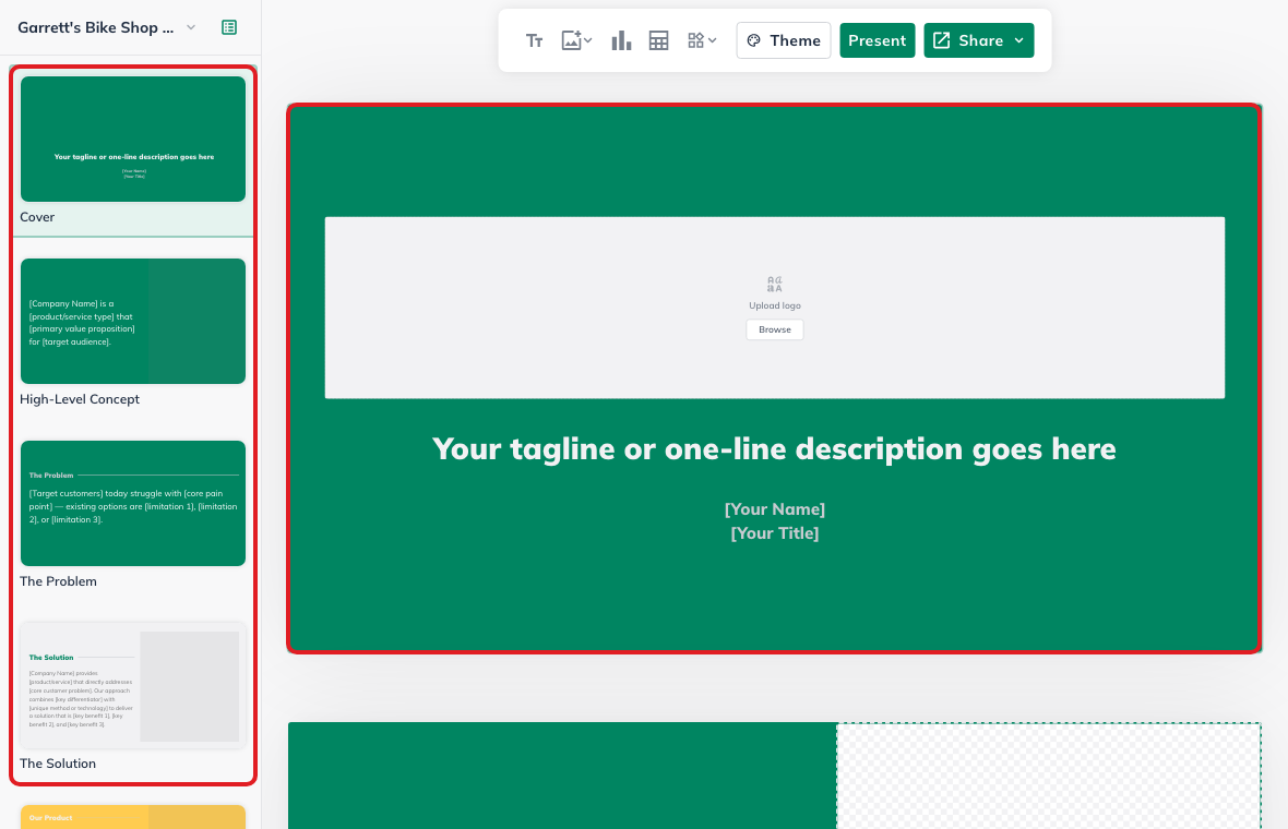LivePlan Pitch Deck editor with slide thumbnails and the active slide highlighted.