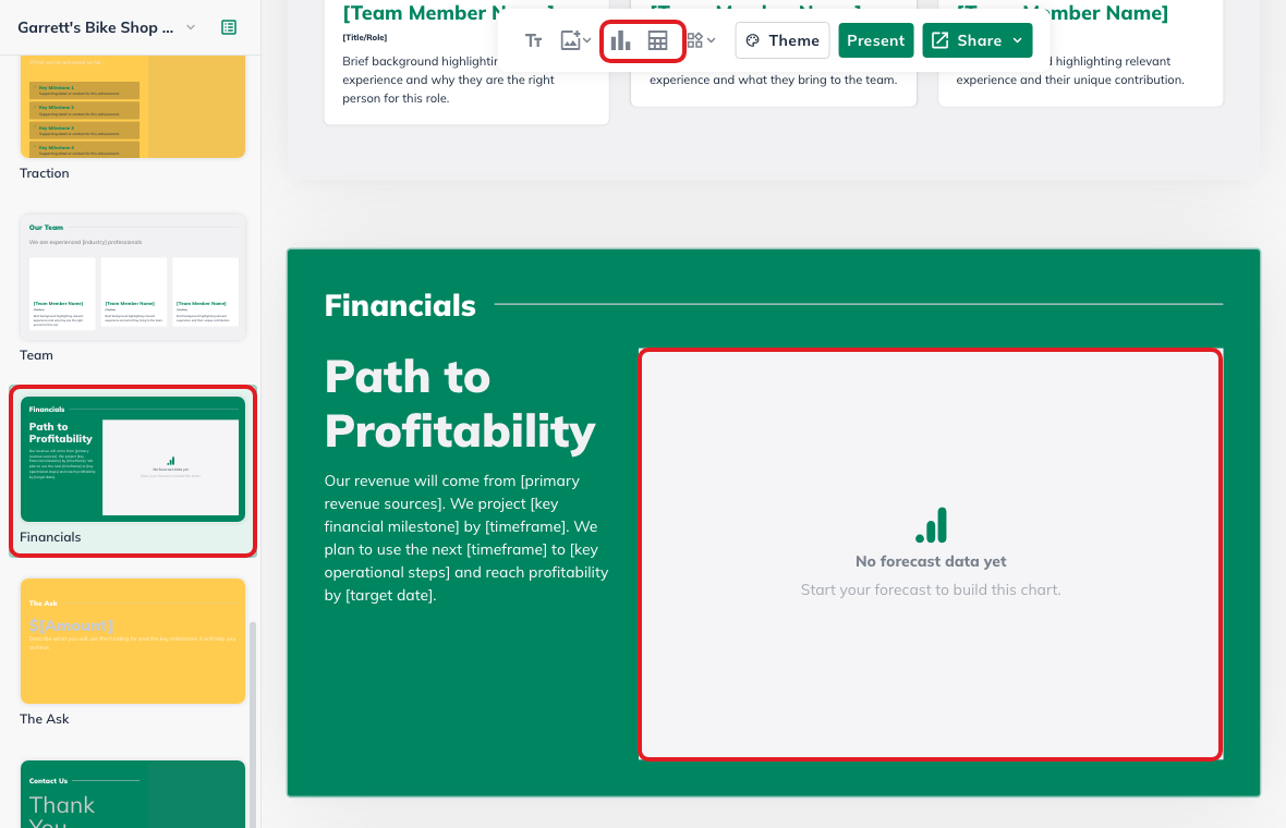 LivePlan Pitch Deck editor showing the Financials slide, chart area, and chart/table toolbar controls highlighted.