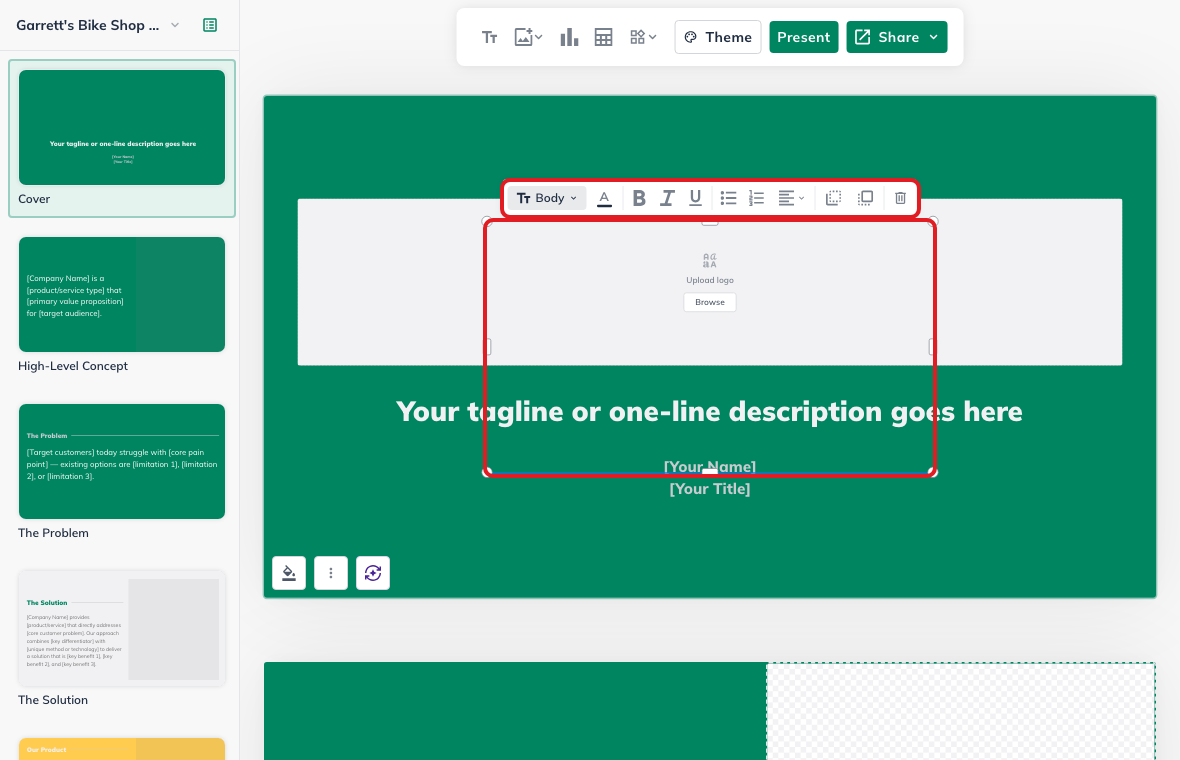 LivePlan Pitch Deck editor showing a selected slide text area and text editing toolbar.