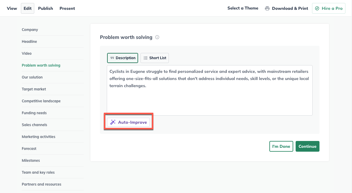 Pitch LivePlan Assistant Auto Improve
