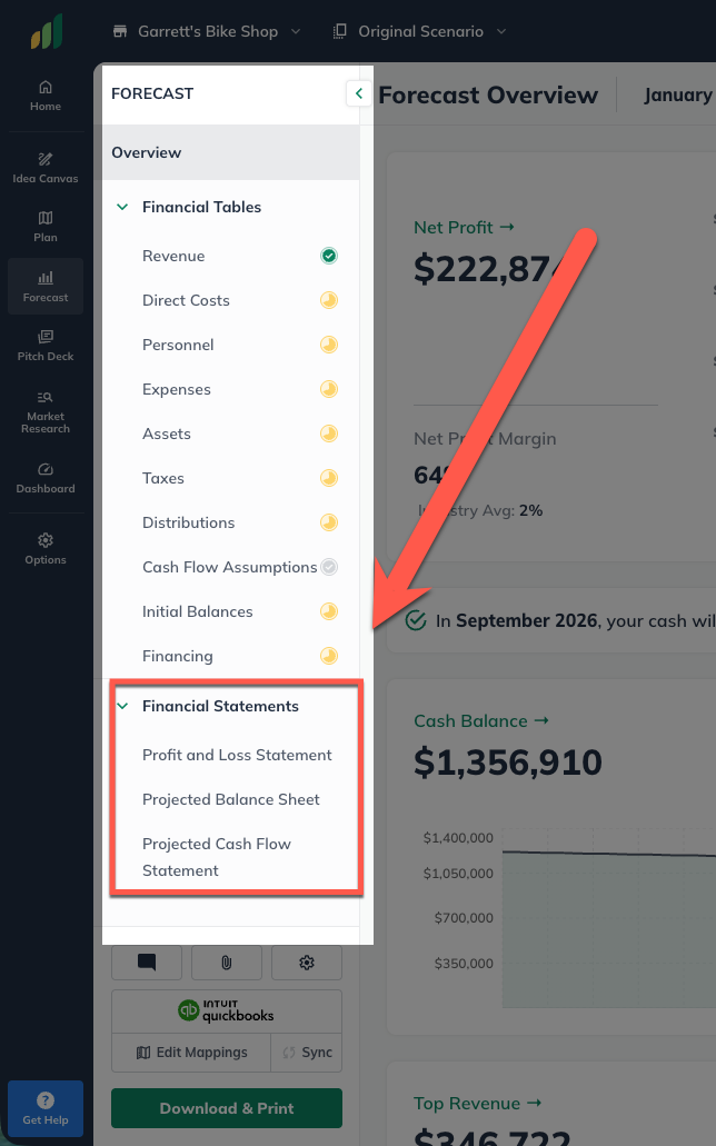Image: LivePlan financial data highlighted