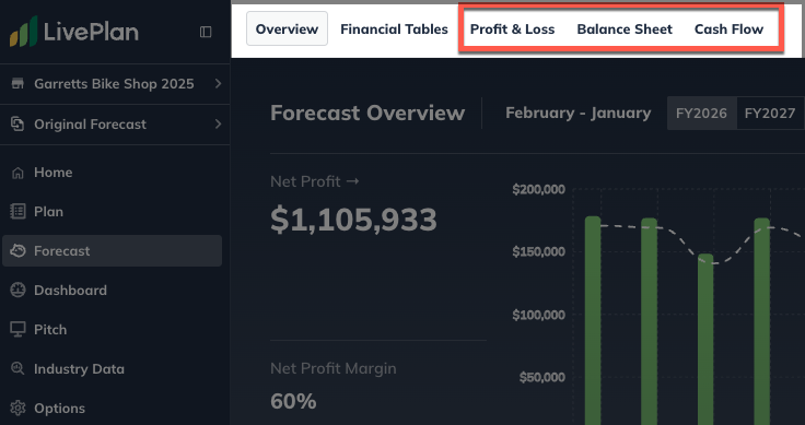 Image: LivePlan financial data highlighted