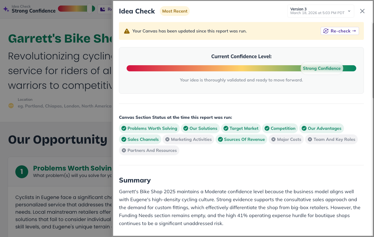 Idea Canvas - Idea Check panel highlighted