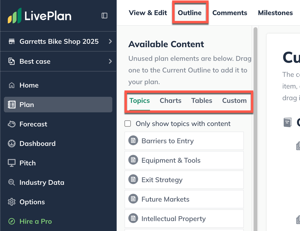 plan outline content option