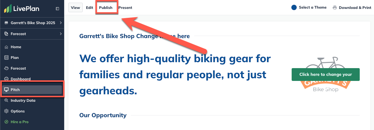 pitch section with arrow pointing to publish