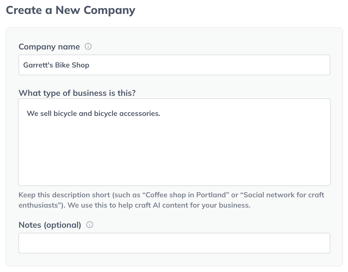 create a new company description
