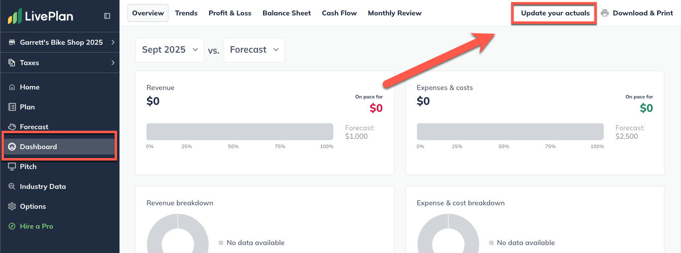 dashboard section with Update Actual Results highlighted