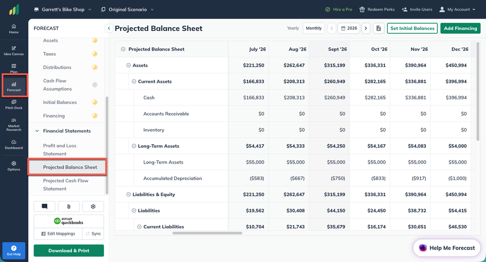 LivePlan Forecast Section Balance Sheet