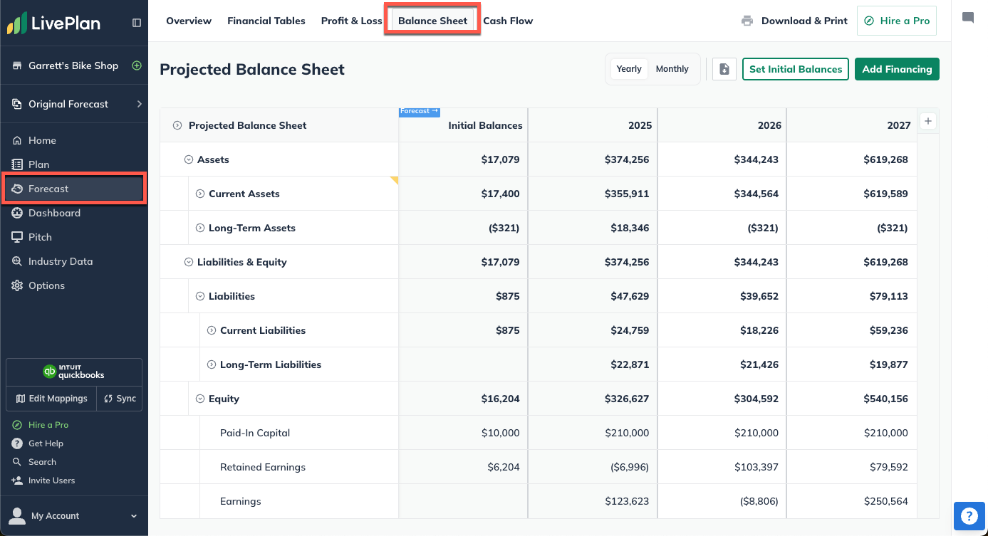 LivePlan Forecast Section Balance Sheet