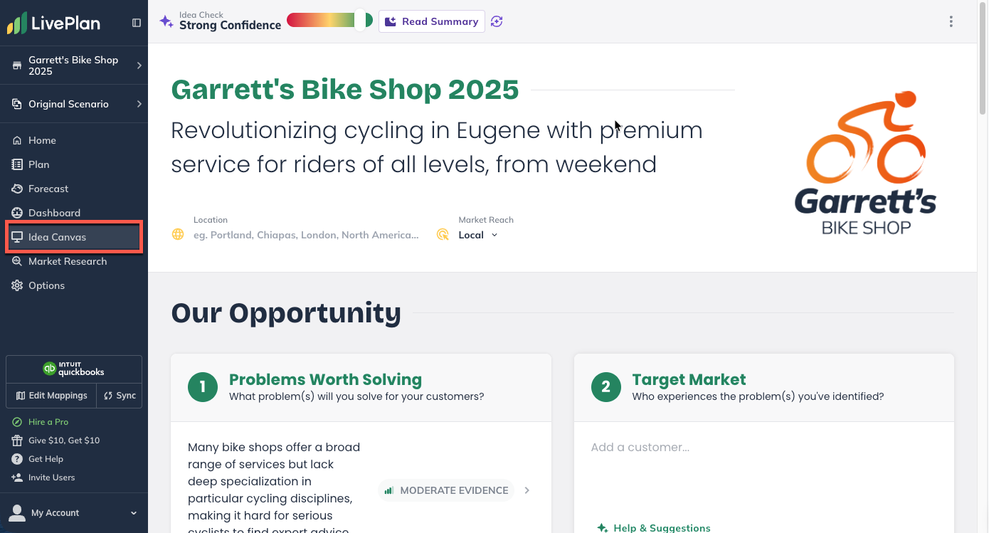 Idea Canvas Left Nav highlighted